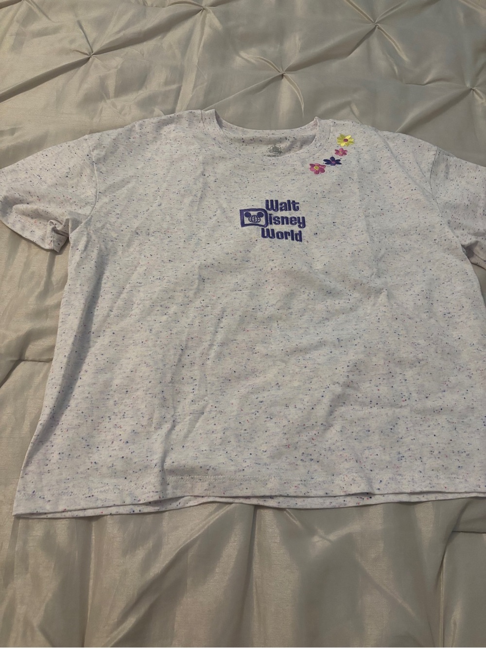 Disney White Speckled Tee with Purple Walt Disney World Logo and Floral Accents
